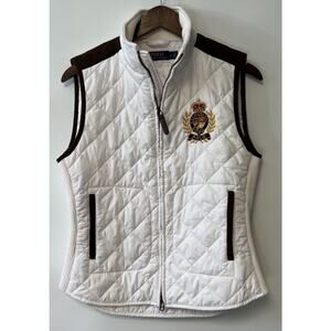 Polo Ralph Lauren Women Quilted Vest Med White Gold Crest Suede Trim Equestrian